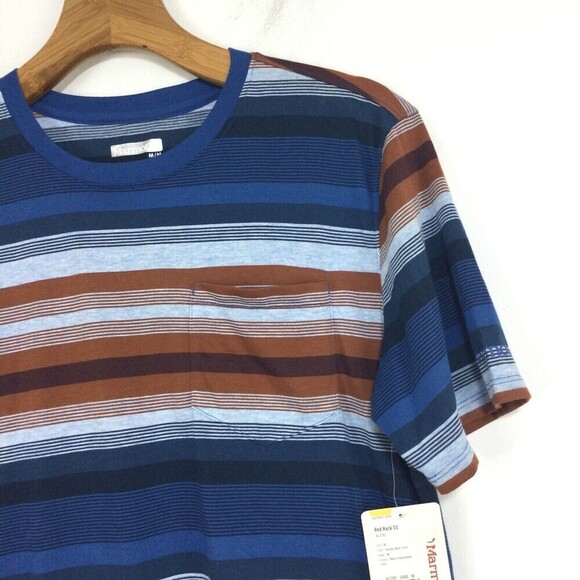 Marmot Mens Red Rock Short Sleeve Stripe T-Shirt Varsity Blue UPF 30 - Picture 2 of 11